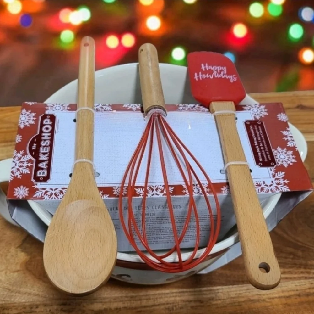 4pc Christmas Pug Boston Terrier Lab Yorkie Dog Mixing Bowl Spatula Spoon Wisk